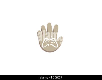Console video games a controller gadget for logo design illustration, in a hand shape icon Stock Vector