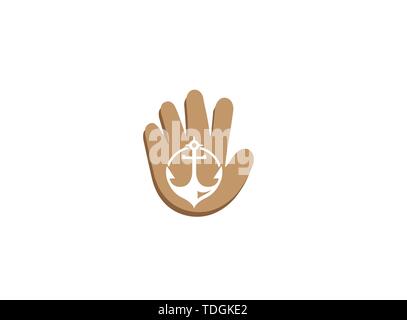 Anchor for boat and yacht for logo design illustration in a hand shape icon Stock Vector