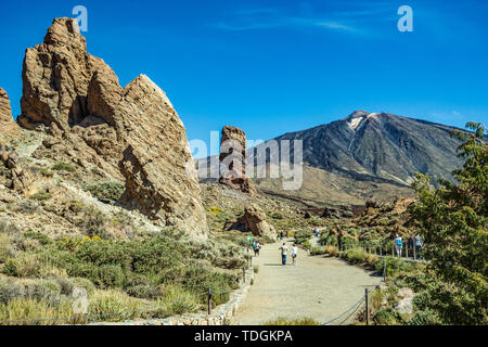 Most recognizable view of Mount Teide on Tenerife. Beautiful landscape in the national park on Tenerife with the famous rock, Cinchado, Los Roques de  Stock Photo