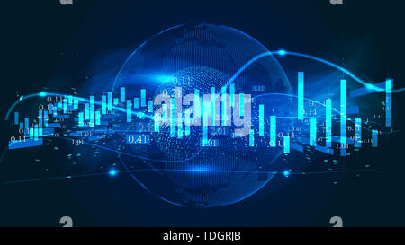 Digital globe with K-line construction financial curve graphic background Stock Photo