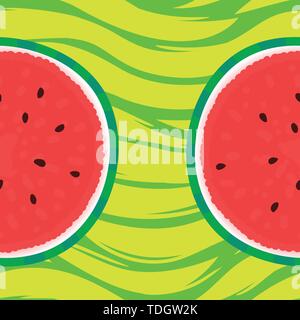 Watermelon card with round slice for summer design. Vector illustration on striped green texture Stock Vector