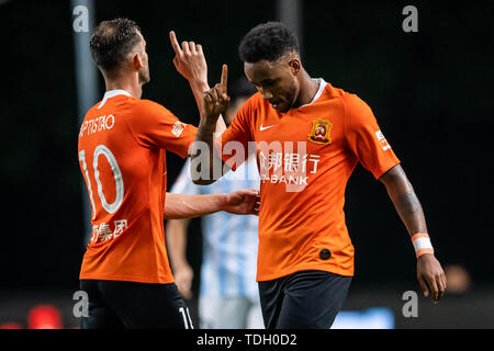 Brazilian football player Rafael Pereira da Silva, commonly known as Rafael or Rafael da Silva, of Wuhan Zall celebrates after against Guangzhou R&F in their 13th round match during the 2019 Chinese Football Association Super League (CSL) in Guangzhou city, south China's Guangdong province, 15 June 2019.  Wuhan Zall defeated Guangzhou R&F 4-3. Stock Photo