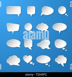 White paper speech bubbles on blue background. Vector illustration. Stock Vector