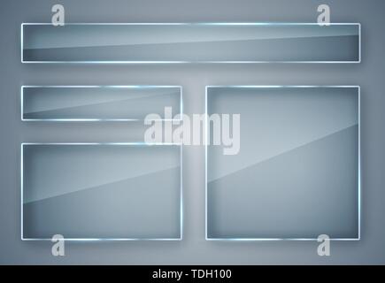 Glass plates set. Glass banners on transparent background. Flat glass. Vector illustration. Stock Vector