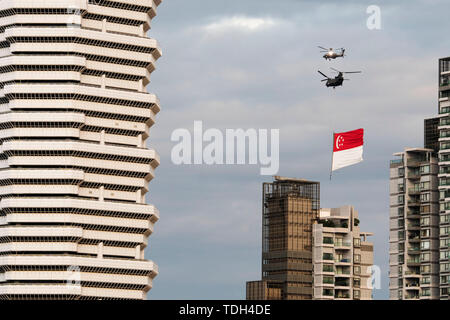 Beijing, China. 15th June, 2019. Helicopters fly during National Day Parade rehearsal held in Singapore on June 15, 2019. Credit: Then Chih Wey/Xinhua/Alamy Live News Stock Photo