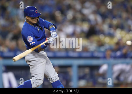 Los Angeles, CA, USA. 14th June, 2019. Chicago Cubs shortstop Javier Baez (9) bats for the Cubs during the game between the Chicago Cubs and the Los Angeles Dodgers at Dodger Stadium in Los Angeles, CA. (Photo by Peter Joneleit) Credit: csm/Alamy Live News