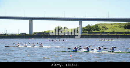 Tokyo. 16th June, 2019. Photo taken on June 16, 2019 shows a part of Sea Forest Waterway in Tokyo, Japan. The canoe and rowing games of Tokyo 2020 Olympic Games and Paralympic Games will be held in this venue. Credit: Jiang Yucen/Xinhua/Alamy Live News Stock Photo