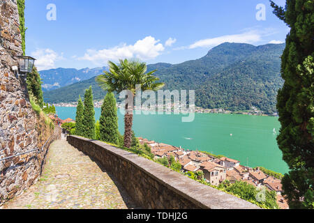 Balcony on the rooftops of Morcote and Lake Ceresio, Morcote, Canton Ticino, Switzerland