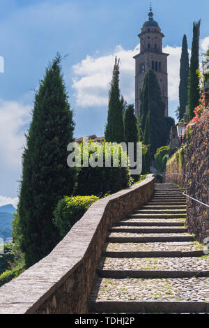 Balcony on the rooftops of Morcote and Lake Ceresio, Morcote, Canton Ticino, Switzerland Stock Photo