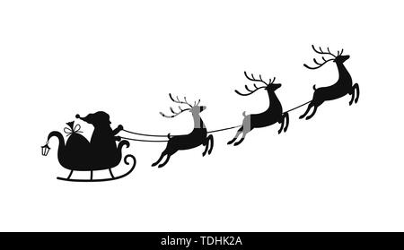 Vector cartoon sleigh with bag of gifts and reindeers, sled of Santa Claus. Christmas element with cute deers. Stock Vector