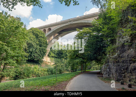 Valley through Luxembourg city with view at bottom Adolphe bridge Stock Photo