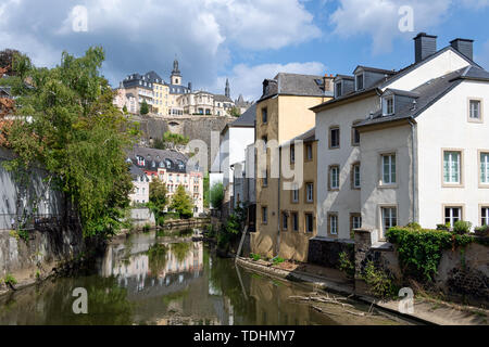 Grund downtown Luxembourg city, Houses and trees along Alzette river Stock Photo