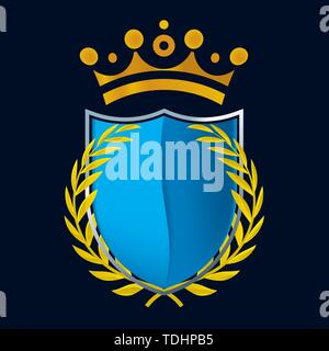 Vector illustration. Blue shield with laurel wreath and golden crown. Only global colors. CMYK. Easy color and proportions changes. Stock Vector