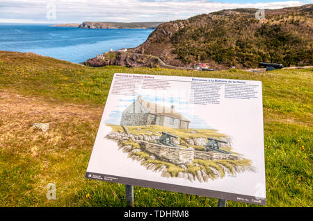 A sign gives tourists information about the Queen's Battery on Signal Hill at the entrance to St John's harbour in Newfoundland. Stock Photo
