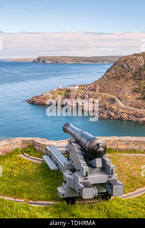 Cannon at the Battery on Signal Hill, St John's, overlooking The Narrows at the entrance to the harbour and Fort Amherst. Stock Photo