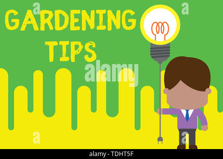 Handwriting text Gardening Tips. Conceptual photo Proper Practices in growing crops Botanical Approach Standing man tie holding plug socket light bulb Stock Photo