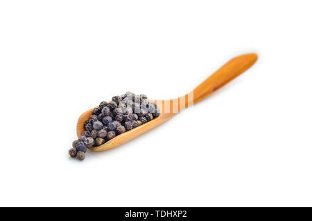 Pile of black pepper on wooden spoon isolated on white background Stock Photo