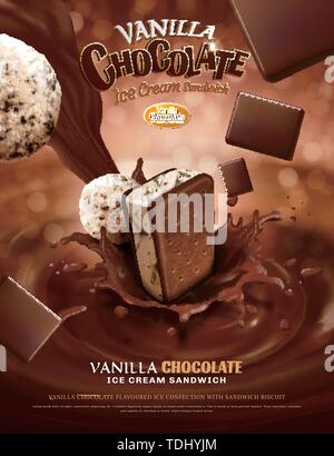 Vanilla chocolate ice cream ads with pouring sauce on bokeh glittering background in 3d illustration Stock Vector