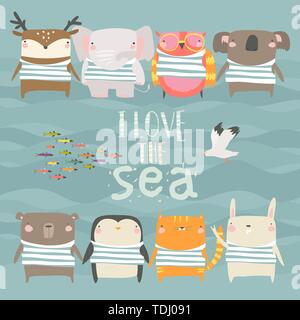 Set of cute animals wearing striped vest on sea background Stock Vector