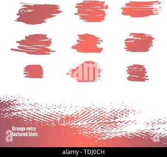 Set of noisy ink strokes, handdrawn brush paint blots. Violet pink gradient. Isolated on white background. Stock vector illustration. Stock Vector