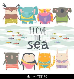 Set of cute animals wearing swimsuit on white background Stock Vector