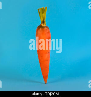 Fresh carrot with cut leaves on blue background. Long orange vegetable containing carotene. Vegetarian nutrition component, veggie organic nutrient concept. Healthy balanced diet idea Stock Photo