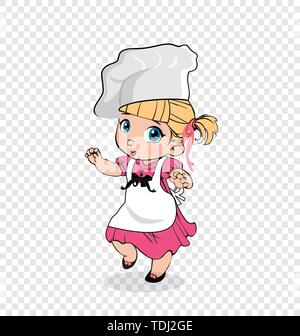 Little Girl Chef in White Apron and Hat, Kids Menu Character, Adorable Cooker Baby, Cooking Blonde Child in Pink Dress Isolated on Transparent Backgro Stock Vector