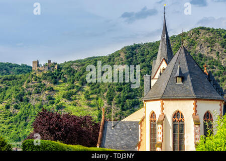Parish Church of St. Ägidius in Bad Salzig and Castle Liebenstein in the Rhine Valley Stock Photo