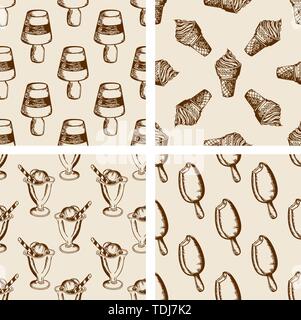 Vintage seamless patterns with different ice cream. Hand drawn vector backgrounds Stock Vector