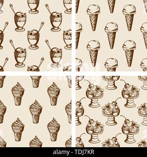 Vintage seamless patterns with different ice cream. Hand drawn vector backgrounds Stock Vector