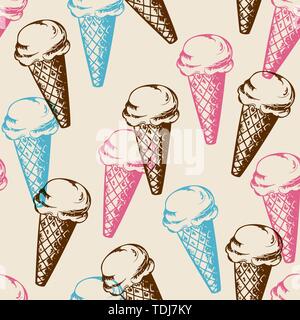 Vintage seamless patterns with ice cream. Hand drawn vector background Stock Vector