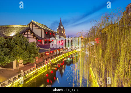 Night View of the Ancient Street Water Lane of Taierzhuang, Zaozhuang City, Shandong Province Stock Photo