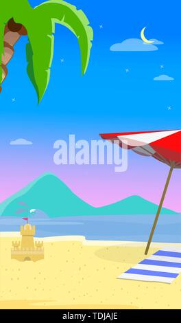 Summer Beach Background with Seascape, Dolphins, Sun Umbrella, Towel and Sandy Castle. Traveling Greeting Card Template for Summertime Vacation, Holid Stock Vector