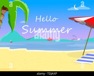 Beach Background with Hello Summer Typography, Evening or Morning Time Landscape, Exotic Seaside at Sundown, Sunrise, Resort Coast Seascape with Palm  Stock Vector