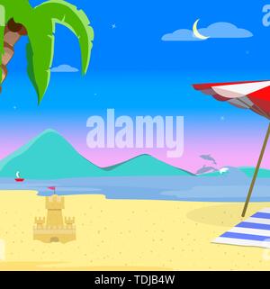 Summer Beach Background, Evening Time Landscape of Exotic Seaside at Dusk Sundown , Resort Coast Seascape with Palm Tree, Dolphin, Sailing Ship and Sa Stock Vector