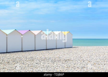 Beach cabins in Le Treport, Norhtsea coast, France Stock Photo