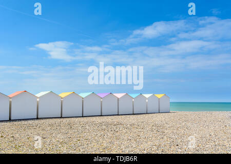Beach cabins in Le Treport, Norhtsea coast, France Stock Photo