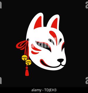 Kitsune mask with jingle bells on black background. Traditional Japanese fox mask vector illustration. Stock Vector