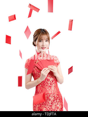 Red envelopes rain beauty on white background Stock Photo