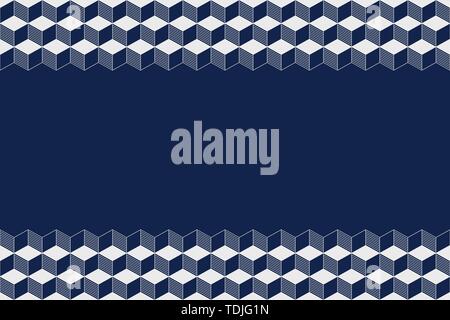 Seamless horizontal border pattern with cubes, rhombuses, isolated on dark blue background. Endless stylish texture. Modern texture. Contemporary desi Stock Vector