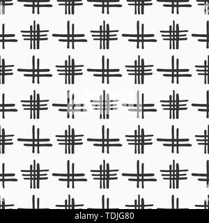 Abstract seamless pattern of hand drawn intersecting stripes. Brush strokes. Geometric shapes. Hashtag symbols isolated on white background. Monochrom Stock Vector