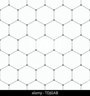 Vector monochrome seamless pattern. Geometric background with hexagons. Dots connected with lines. Modern stylish texture. Repeating geometric tiles. Stock Vector