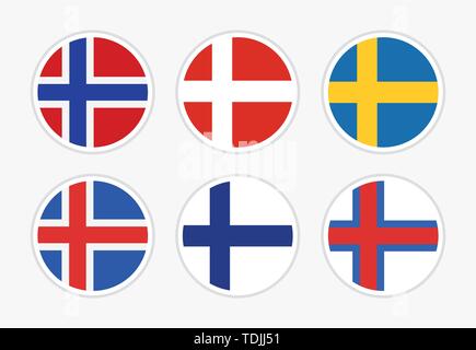 Flags of Northern Europe, Scandinavia, Set of vector round icon illustration on white background. Stock Vector