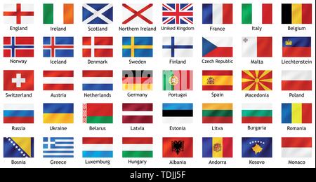 National flags of european countries with captions. Stock Vector