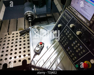 Measuring process with ruby touch probe on large CNC milling machine in jog mode. Stock Photo