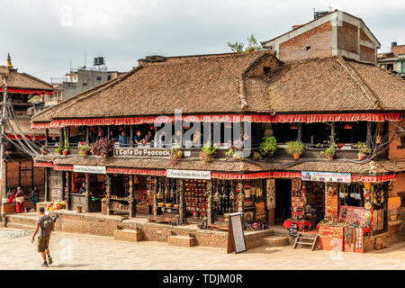 Kathmandu, Nepal - Oct 12, 2018: View at the building with restaurant and shops in historical Bhaktapur, Dattatraya square in Nepal Stock Photo