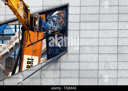 Windows are smashed at the Vicente Calderon Stadium (previously home to Atletico Madrid between 1966 and 2017 for 51 years) during its demolition - Estadio Vicente Calderon demolition , Arganzuela, Madrid - 10th June 2019 Stock Photo