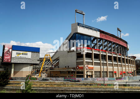 General view of the Vicente Calderon Stadium (previously home to Atletico Madrid between 1966 and 2017 for 51 years) during its demolition - Estadio Vicente Calderon demolition , Arganzuela, Madrid - 10th June 2019 Stock Photo