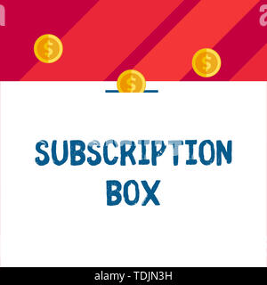 Writing note showing Subscription Box. Business concept for button if you clicked on will get news or videos about site Front view three penny coins i Stock Photo