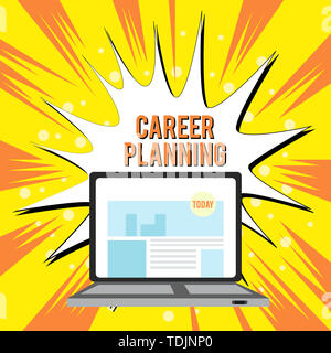 Text sign showing Career Planning. Business photo text A list of goals and the actions you can take to achieve them Open Modern Laptop Switched On wit Stock Photo